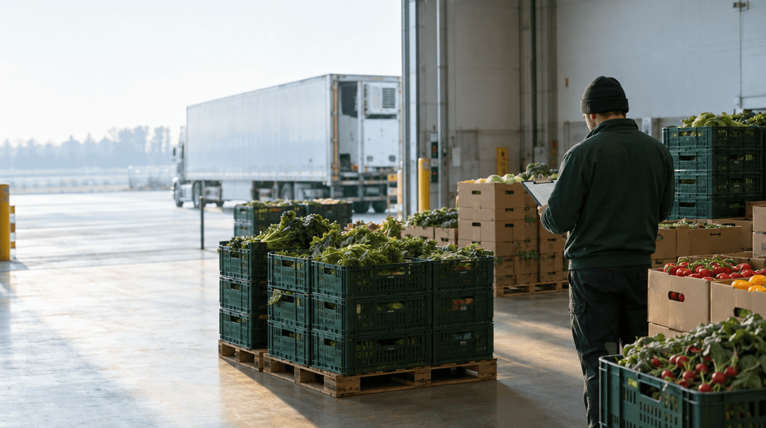 Produce crates being handled at a distribution dock beside a refrigerated truck.
